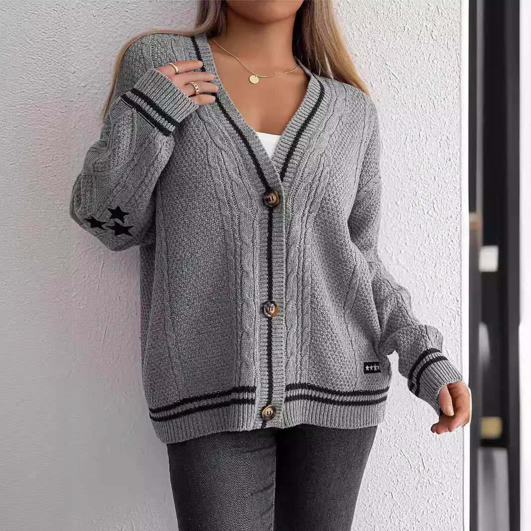 Stylish women's cardigan with cable pattern and contrast stripes. 3