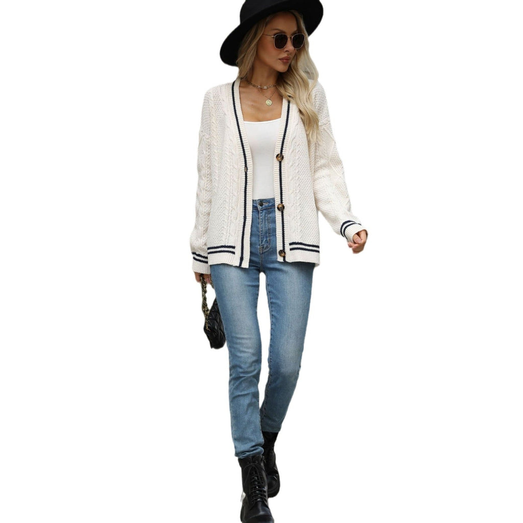 Stylish women's cardigan with cable pattern and contrast stripes. 5