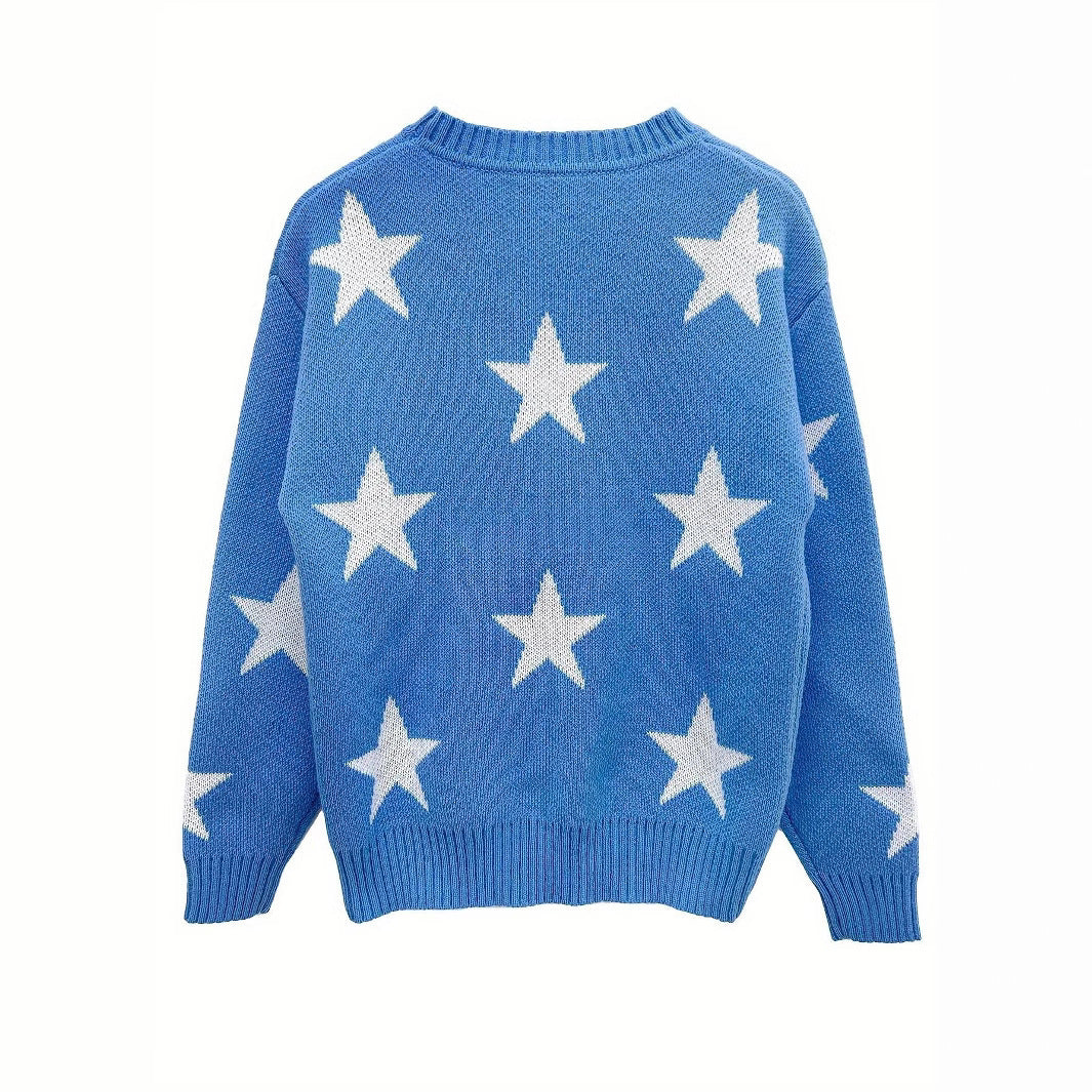 Stylish women's sweater with star pattern in blue color. 2