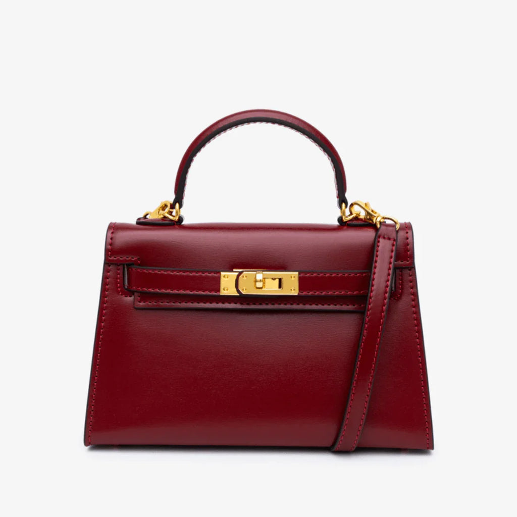 Vanessa Elegant mini handbag in burgundy and black leather. 14