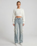 Stylish wide jeans with side laces in light blue denim. 4