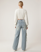 Stylish wide jeans with side laces in light blue denim. 5