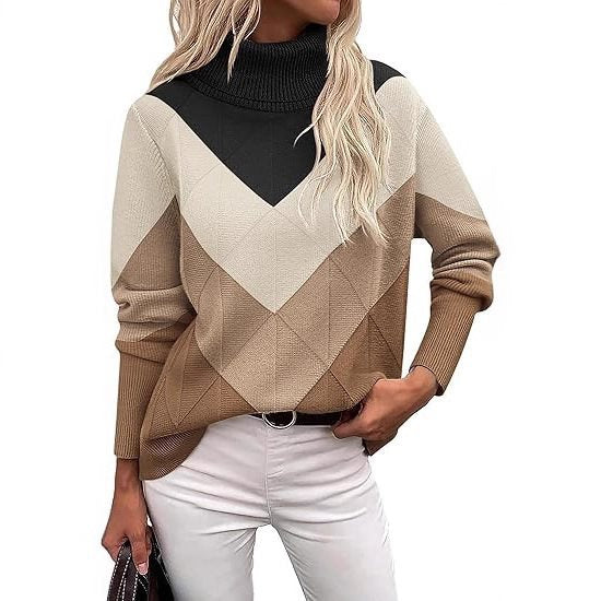 Elegant women's long sleeve knitted sweater with high collar in soft yarn. 3