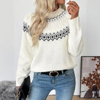 Women's Long Sleeve Cotton Sweater in White, perfect for winter warmth and comfort. 3