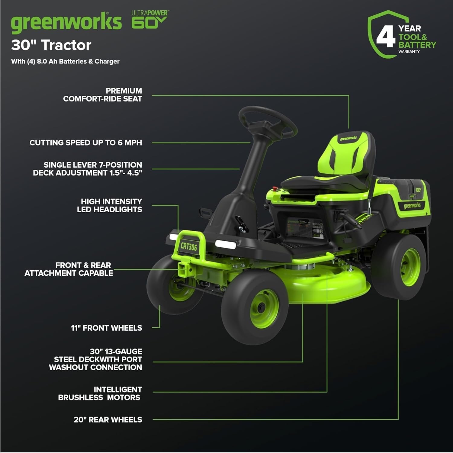 Greenworks 60V 30” CrossoverT Riding Lawn Tractor with 8.0 Ah Amsterdam Style